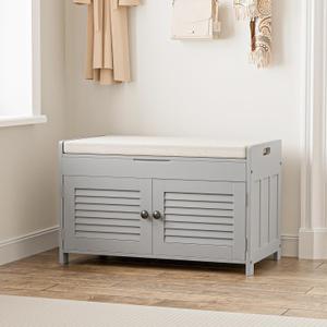WARMHONIU Shoe Storage Bench with Lift Top Storage, Entryway Bench with Cushioned Seat, Adjustable Shelf, 2 Tier Shoe Rack with Doors for Entryway, Bedroom, Hallway, Mudroom, Grey, 28.4"W