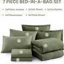 Monbix Queen Comforter Set - 7 Pieces Cationic Dyeing Olive Green Bed in a Bag Queen Bedding Sets with Comforter, Sheets, Pillowcases & Shams, Reversible Bedding Comforters Sets