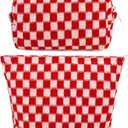 SOIDRAM 2 Pcs Checkered Makeup Bag Large Cosmetic Bag Toiletry Bag Makeup Pouch Travel Bag Organizer Cute Makeup Brushes Aesthetic Accessories Storage Bag for Women Red