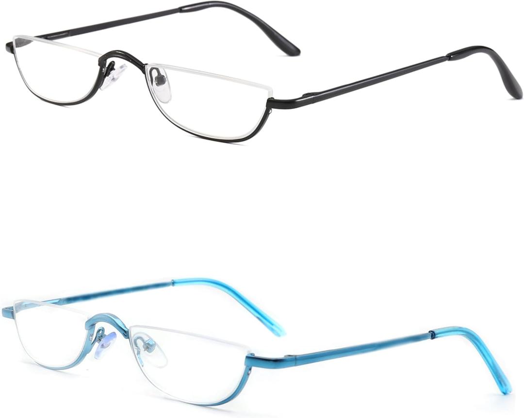 Half Frame Reading Glasses, Half Metal Moon Readers for Women Men 2 Pairs 1.25 ((Black,Blue))