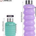 JaneJu Collapsible Water Bottle, 17oz BPA Free Silicone Reusable Portable Lightweight Foldable Water Bottles with Carabiner, Portable Leak Proof Sports Water Bottle (green&purple)