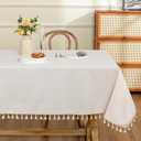 MYSKY HOME Table Cloth 60x102 in Rectangle, Cotton Tassel Linen Look Waterproof, Wrinkle Free Table Cover with Beige Tassels for Kitchen Dining, Party