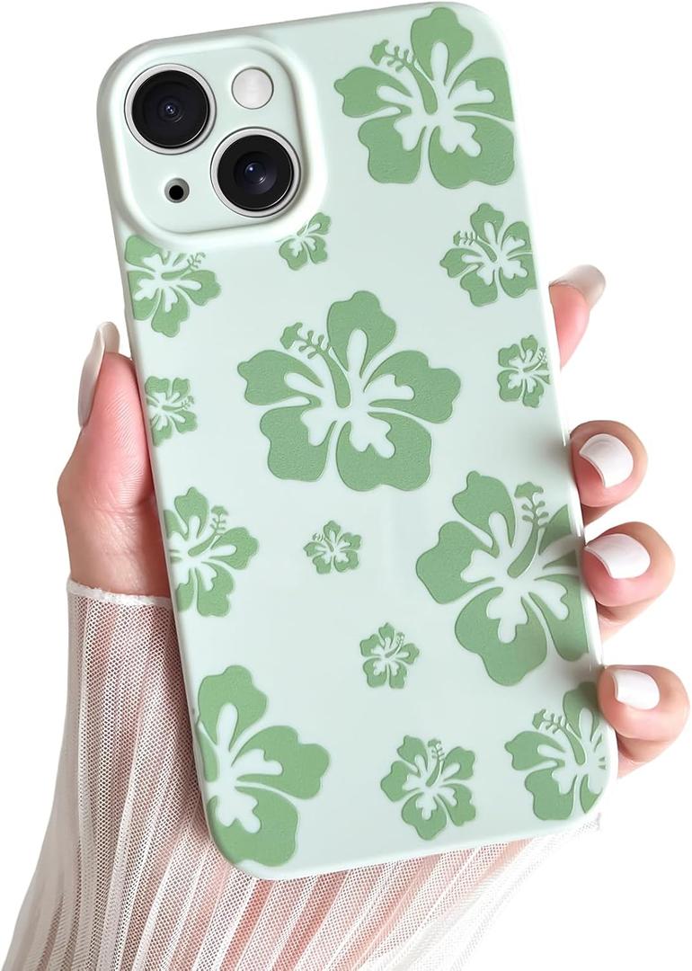 Skyseaco for iPhone 13 Case Cute Hibiscus Phone Case Flower Design Soft Slim TPU Shockproof Camera Protection Phone Cover for Women Girls - Green