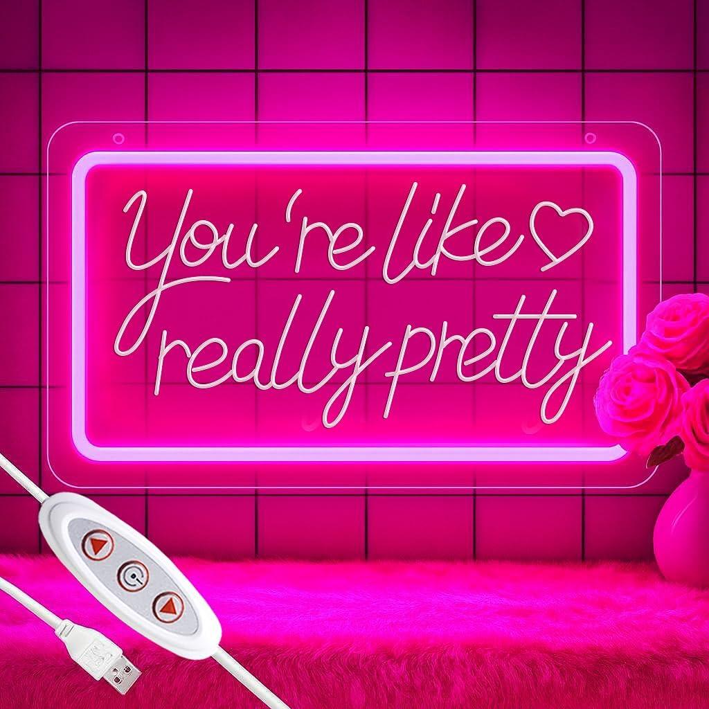 Youre Like Really Pretty Neon Sign  Pink LED Neon Light Wall Decor, 3D Art Carving, Dimmable USB Powered Night Light for Bedroom, Aesthetic Wall Decor, Christmas & Birthday Gift