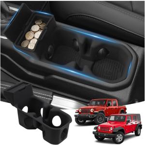 Silicone Cup Holder Coaster Compatible with Jeep Wrangler JL JLU 4XE/ Gladiator JT 2018-2025 Accessories, Cup Holder Inserts with Small Coin Storage Box, Anti-Slip Cup Holder Mat Pad Liner