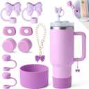 10PCS Stanley Cup Accessories Set, Stanley Accessories Include 2PCS Bow Straw Covers, 1 Cute Bow Handle Charm, 2 Set of 3 Silicone Spill-Proof Stoppers, 1 Silicone Boot Fits Stanleys Cup 40&30Oz (Orchid)