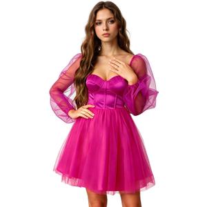 Women Sweetheart Neck Puffy Sleeve A-line Dress Built in Bra Tulle Satin Prom Ball Gown Party Dress (Pink, M)