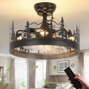 Farmhouse Rustic Ceiling Fan with Light and Remote, Black Rustic Fan with Bear and Deer Design, Adjustable Height, Rustic Deer Antler Fan for Living Room, Bedroom, Hallway Lighting, 18 Inch