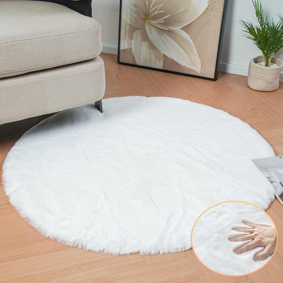 White Faux Fur Round Rug 4ft Fluffy Rabbit Fur Rug Machine Washable Circle Area Rugs for Living Room Bedroom Home Teen Room Nursery Dcor (4 FT Round, White)