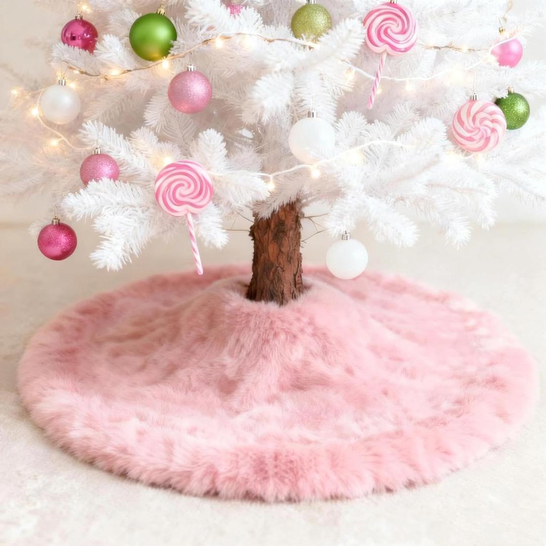 Light Pink Christmas Tree Skirt, Small Fur 24 Inch Tree Skirt, Soft Pastel Pink Fluffy Valentines Tree Rug, Pink Christmas Decorations Tree Ornaments for 3 Ft Tree