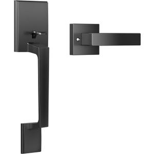 Front Door Handle, Exterior Door Handle with Passage Lever, Modern Front Entry Handle, Reversible for Left & Right Hand Door, Matte Black