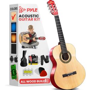 Pyle 30-Inch Beginner Acoustic Guitar Kit, 6-String Classical Style Travel Guitar for Kids & Adults - Includes Shoulder Strap, Strings, Picks, Tuning Pitch Pipe & Storage Gig Bag - Handcrafted Wood