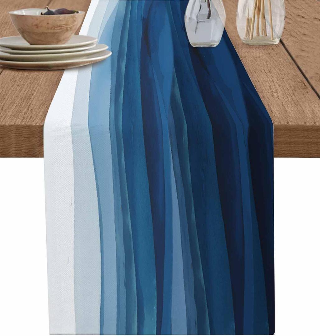 Ombre Table Runner 13x72 inch, Gradient Blue Waves Abstract Art Dinning Table Runner for Farmhouse Wedding Party Barbecue Table Decor