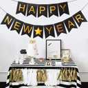 2 x Happy New Years Decorations Banner 2026, Black Gold Nye New Years Eve Party Supplies for NYE Decorations Photo Props for Home Wall Fireplace Mantel Fireplace