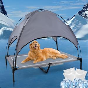 a12'' Outdoor Elevated Dog Bed with Canopy, Raised Dogs Bed Medium Large Size Dogs with Six Support Feet, BreathablaHammock Bed,Outside Pet Bed with 4 Ice Pack(Large)