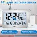 Atomic Clock, 10" Digital Clock Large Display, Wall Clocks Battery Operated with Backlight, Wireless Outdoor Sensor, Alarm Clock Indoor Outdoor Temp, 4 Time Zones, Auto DST, Clock for Bedroom (Sliver)