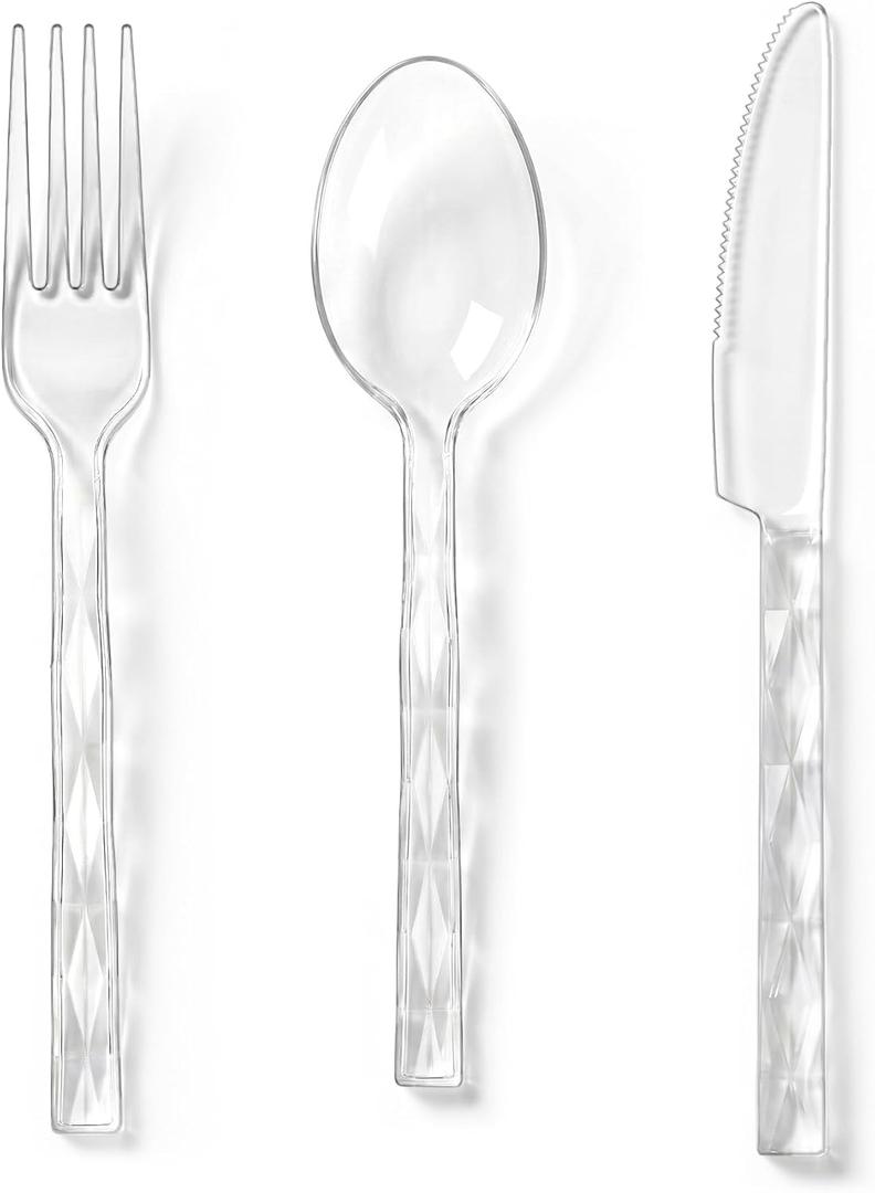 Lullaby 300Pc Premium Clear Plastic Silverware, Heavyweight Clear Utensil Disposable, Plastic Cutlery Set of 100 Forks, 100 Spoons, 100 Knives for Wedding, Party, Gathering, Daily Use