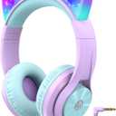 iClever Cat Ear Led Light Up Kids Headphones with Microphone, HS20 Wired Headphones -Shareport- 94dB Volume Limited, Foldable Over-Ear Headphones for Kids/School/iPad/Tablet/Travel (Medium, Purple)