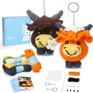 CrochetBox Crochet Kit for Beginners - 2 PCS Highland Cow Keychain Crochet Kit, Learn to Crochet, Include Easy Knitting Yarn, Step-by-Step Video Tutorial, Hook, Holiday Birthday Gift for Adults