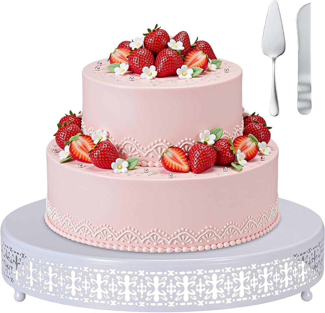 Wenqik White Cake Stand 14 Inch Metal Round Cupcake Dessert Wedding Cake Stand with Cutting & Spatula Cookies Display Holder Fruit Serving Tray for Table Wedding Birthday Anniversary Party