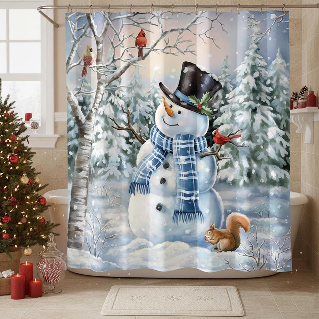 Lofaris Winter Snowman and Cardinals Shower Curtain Christmas Wonderland Trees Holiday Bathroom Curtain for Decor Waterproof Fabric Bathtub Sets Home Decor 72x72in