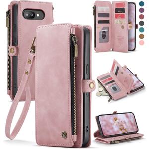 Defencase for Google Pixel 9a Case Wallet with RFID Blocking Card Holder for Women Men, Fashion PU Leather Magnetic Snap Flip Zipper Wrist Strap Wallet Phone Case for Google Pixel 9A 6.3", Rose Pink