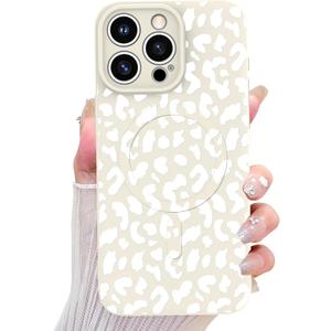 OOK Magnetic for iPhone 15 Pro Max Case, Silicone White Leopard Cute Pattern, Compatible with MagSafe Cheetah Print Camera Protection Shockproof Slim Phone Case for 6.7inch, White
