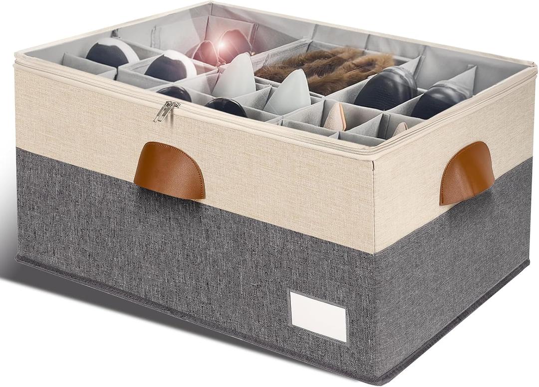 Shoe Organizer for Closet, Foldable Shoe Storage Bins with Clear Cover, Space Saving Shoes Holder with 4 Handles, Large Adjustable Shoe Box Storage Containers, Fits 12-24 Pairs, 1 Pack, Beige