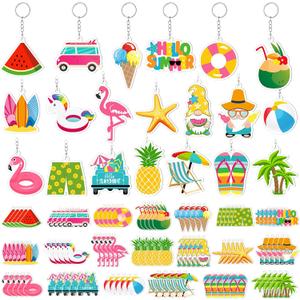 Equsion 100 Pcs Summer Keychains Bulk, 20 Styles, Hawaiian Party Favors | Tropical Flamingo Pineapple Beach Acrylic Keychain Gifts Cute Hawaiian Keyring for Summer Pool Beach Sea Luau Birthday Party
