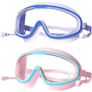 Kids Swim Goggles 2 Pack Anti-Fog Anti-UV Wide View Swimming Goggles for Boys Girls 3-14 (Blue & Pink)