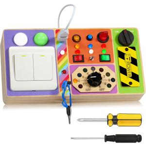 Chillife Busy Board Montessori Toys Wooden Sensory Board with 19 LED Light, Switch, Button Travel Activity Educational Learning Toddler Toys for 1-3 Year Old Boy and Girl