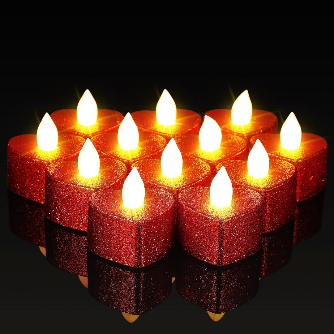 Baquler 24 Pcs Valentine Candles Heart Shaped Glitter Tealights Romantic LED Tea Lights Candle Battery Operated for Valentine's Day Marriage Proposal Wedding Anniversary Celebration Decor(Red)
