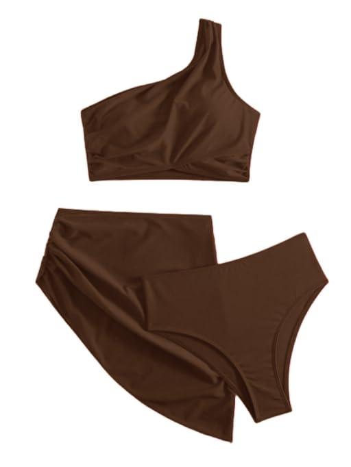 3 Piece Bikini Sets for Women One Shoulder Swimsuits Tummy Control High Waisted with Cover Up Skirt CoffeeBrown Large (Brown, L)