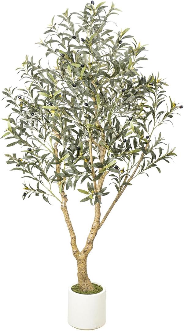 6FT Artificial Olive Tree with Elegant Planter & Moss, Faux Olive Tree Indoor with Natural Wood Trunk & Lifelike Leaves, Tall Fake Plant for Living Room Home Office Decor  Housewarming Gift