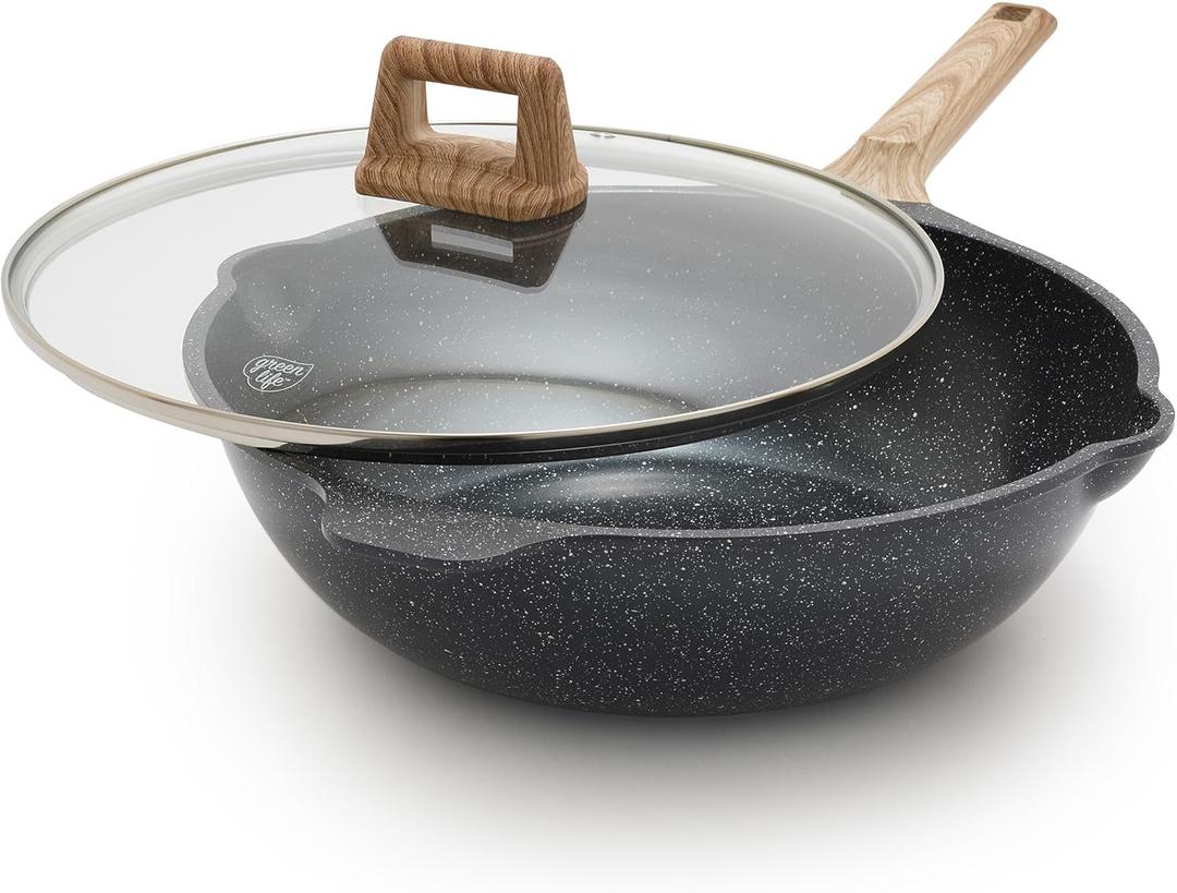 GreenLife Arte 5.1QT 12 Wok, Healthy Ceramic Nonstick, Induction Suitable, Non Toxic PFAS & PFOA-Free, All in One Multi-Purpose Cooking, Fry, Boil, Stay Cool Handles, Dishwasher Safe, Speckled Black