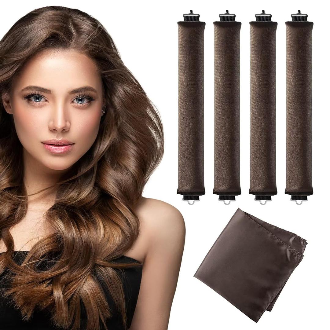 Heatless Curls Overnight Hair Curler - 4 Pcs Curling Rod to Sleep In, Velvet Hair Rollers with Satin Hair Scarf (Brown)