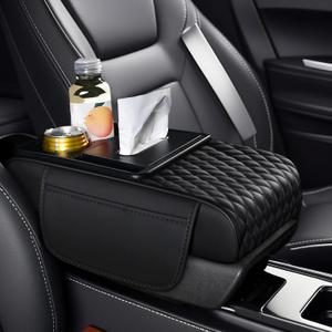 Car Armrest Storage Box with 2 Cup Holders & Phone Slot, Universal Center Console Organizer with Tissue Box & 2 Storage Bags - Waterproof Car Accessories (Black)