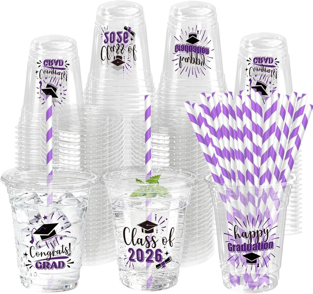 50 Pack Graduation Plastic Cups with Lids Straws 12 oz Purple Disposable Class of 2026 Decorations Graduation Party Favor Drinking Beverage Cup for Party Supplies Decorations