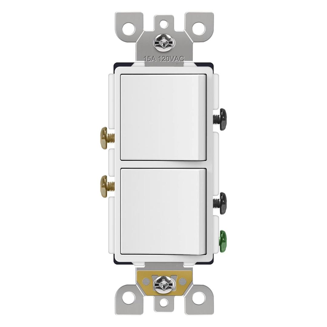 CML Double Rocker Decorator Light Switch, Dual Single Pole Paddle in-Wall Switch, Self-grounding Electrical On/Off Interrupter, 15A 120V, UL Listed, 1 Pack, White, Dual Switch Pack of 1