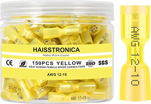 haisstronica 150PCS Yellow Heat Shrink Female Spade Connectors,AWG 12-10 Heat Shrink Female Spade Terminlas Kit,Speaker Wire Connector, Electrical Quick Disconnect Wire Connectors