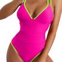 B2prity Women's V Neck One Piece Swimsuit Tummy Control Slimming Bathing Suit Double Straps Crisscross Back Swimwear (XL)