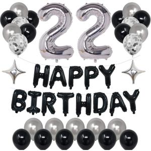 22nd Black Silver Birthday Party Decorations for Men Women, Happy 22 Birthday Party Supplies with Black Happy Birthday Banner,22 Number Balloons, Silver Foil Stars, Happy Birthday Balloons for 22nd Birthday