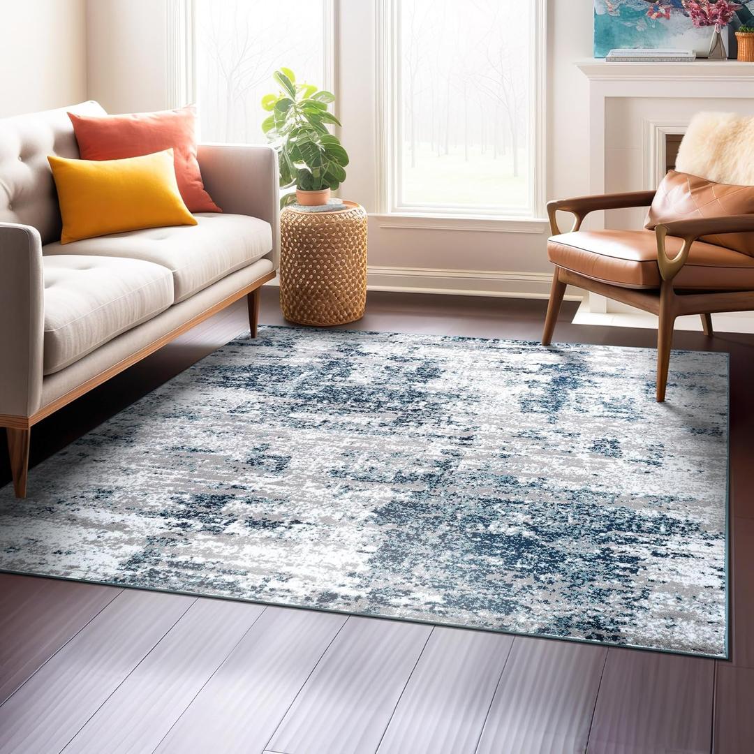 Rugshop Modern Distressed Blue Abstract Square Area Rug Bohemian Inspired for Dining Area, Living Room and Office 6'6" x 6'6" Square