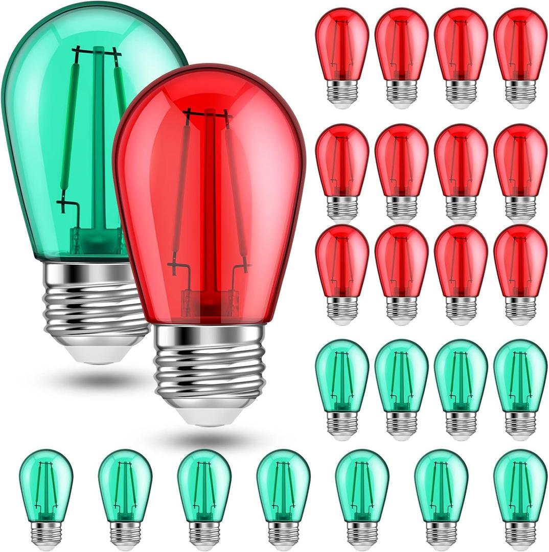 25 Pack Red and Green S14 LED Light Bulbs 2 Watt E26 Base Christmas Red and Green Colored Bulbs Shatterproof Replacement Waterproof String Lights for Indoor Outdoor Village, Porch, Bistro Decor