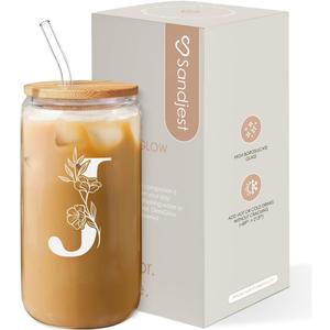 SANDJEST Monogrammed Gifts for Women - Monogram J Initial Glass Cup 16 Oz Can Coffee Cups with Lid and Straw - Monogram Initials Gifts for Womens on Birthday