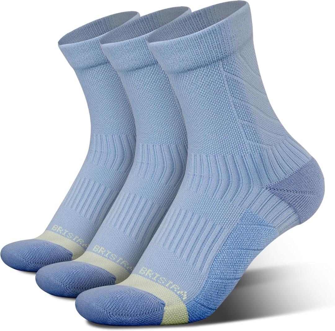 BRISIRA Coolmax Bamboo Viscose Running Compression Quarter Socks Women Moisture Wicking Anti Blister Athletic Ankle Cushion (5-8, 3 Pairs Blue)