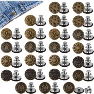24 Sets Button Pins for Jeans, No Sew Jeans Button Replacement, Reusable and Adjustable Button for Jeans, Pant Waist Tightener for Women (6 Styles, Copper)