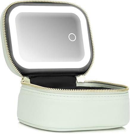 Mini Makeup Bag with Led Mirror, Small Travel Make up Bag 3 Light Modes Adjustable Brightness, for Women Organizer Cosmetic Bag, Portable Travel Train Toiletry Bag, for Pool Parties Work Touch-Ups, Mint Green