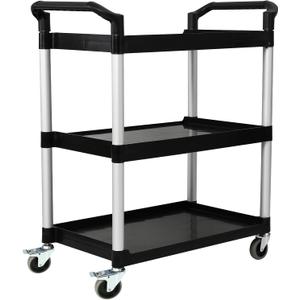 3-Tier Utility Rolling Cart with Wheels, Durable Catering carts with Wheels, Rolling Storage Cart for Hotel Canteen Resturant Office (Black, 31.4" D x 16.5" W x 37.7" H)