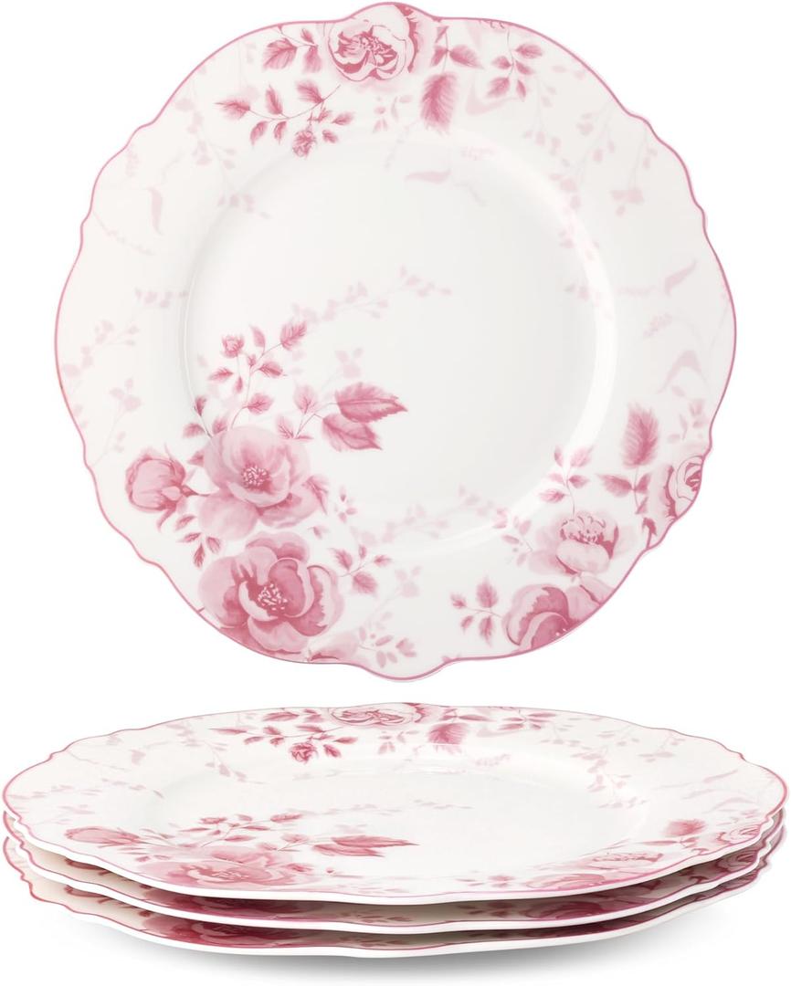 fanquare Pink Floral Dinner Plate Sets of 4, 10.5 Inch Large Round Porcelain Pasta Appetizer Steak Serving Dishes for Microwave & Dishwasher Safe